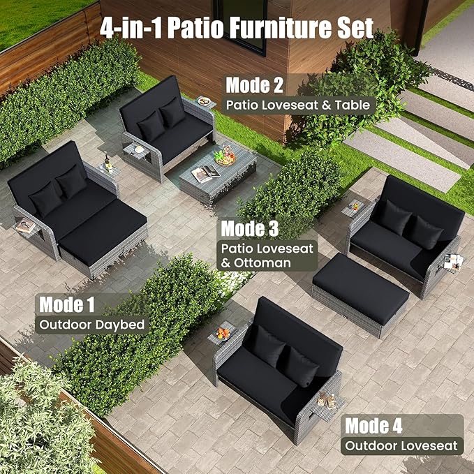Tangkula Patio Rattan Daybed with 4-Level Adjustable Backrest, Outdoor PE Wicker Loveseat with Storage Ottoman & Folding Side Table, Double Sunbed for Balcony, Backyard & Poolside, Black & Grey