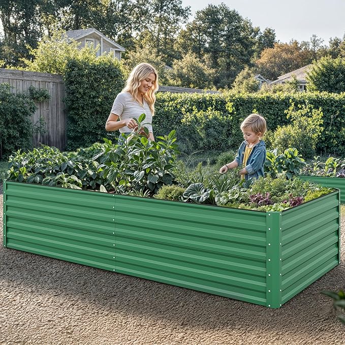 YITAHOME 8x4x2ft Large Raised Garden Bed Kit, Galvanized Metal Planter Box with Gloves, Ground Nails, Support Rod & Safety Rubber, Outdoor Above Ground Planters for Plants Vegetables Flowers, Green