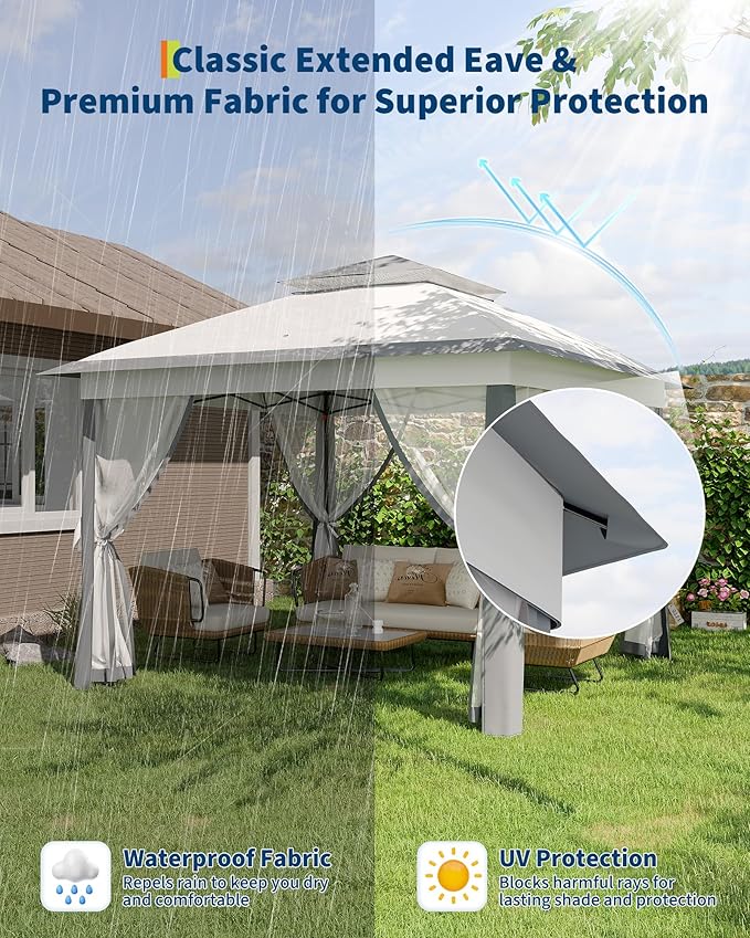 11'x11 Pop-Up Gazebo, Instant Outdoor Canopy Tent with Mosquito Nettings, Durable Steel Frame, Water, and UV Proof, for Patio, Garden, Courtyard, Party (Grey)