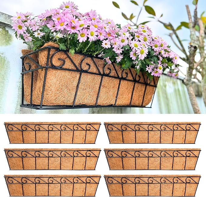 LaLaGreen Wall Mounted Planters - 30 Inch, 6 Pack Black Window Flower Boxes Basket Outdoor, Balcony Planter Over The Rail, Deck Railing Hanging with Coco Liners, Metal Horse Troughs Fence Patio Porch