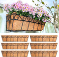 LaLaGreen Wall Mounted Planters - 30 Inch, 6 Pack Black Window Flower Boxes Basket Outdoor, Balcony Planter Over The Rail, Deck Railing Hanging with Coco Liners, Metal Horse Troughs Fence Patio Porch