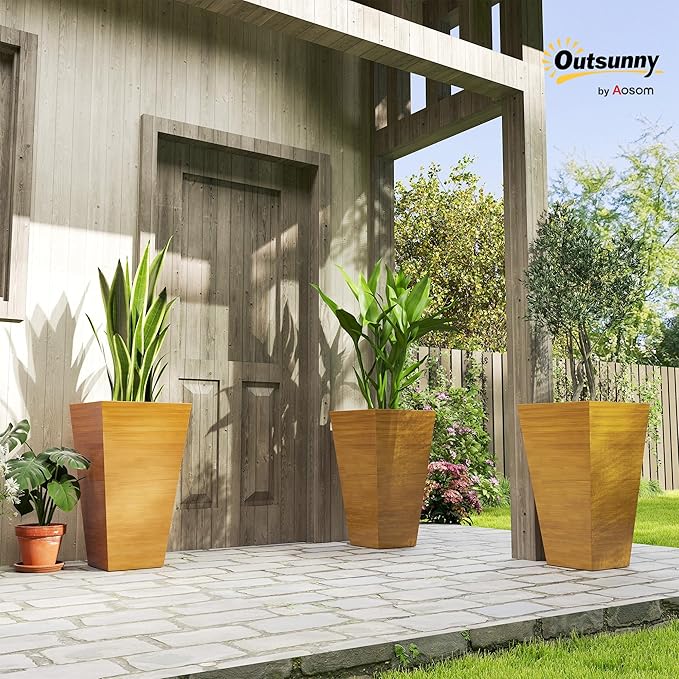 Outsunny Tall Planter for Outdoor Plants Set of 3, 28 Inch Taper Planter with Drainage Holes, Wood Grain Decor Garden Pot for Indoor Outdoor Porch Patio Backyard, Light Brown