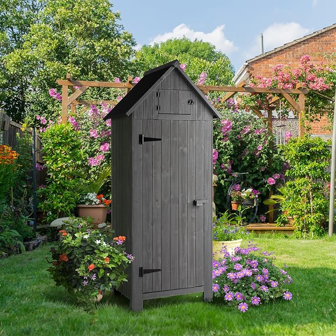 VINGLI Outdoor Wooden Storage Shed, Garden Shed Outside Tool Cabinet with Safety Latch, Patio Storage Organizer (Dark Grey)