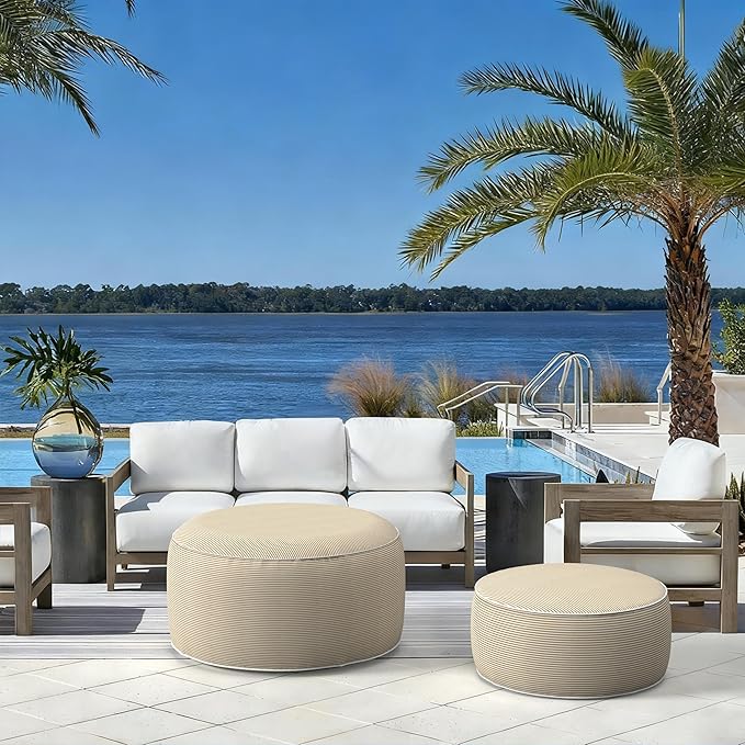 LVTXIII Indoor/Outdoor Extra Large Inflatable Ottoman Pouf D31 x H14 Inch, Round Footstool with Handle, Weather-Resistant Portable Furniture for Patio, Camping, Beach, Stripe Beige