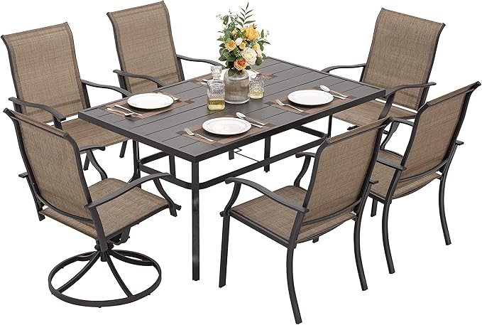 NUU GARDEN 7 Pieces Outdoor Dining Sets, Textilene Swivel Patio Table and Chairs All-Weather Outdoor Furniture Set for Lawn, Backyard, Balcony, Black and Brown