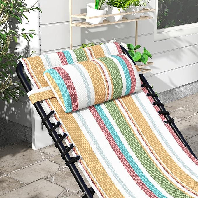 Outsunny Folding Chaise Lounge Chair Set of 2, Patio Sun Tanning Chair, Outdoor Chaise Lounger with 4-Position Reclining Back, Breathable Mesh Seat for Beach, Poolside, Rainbow Striped
