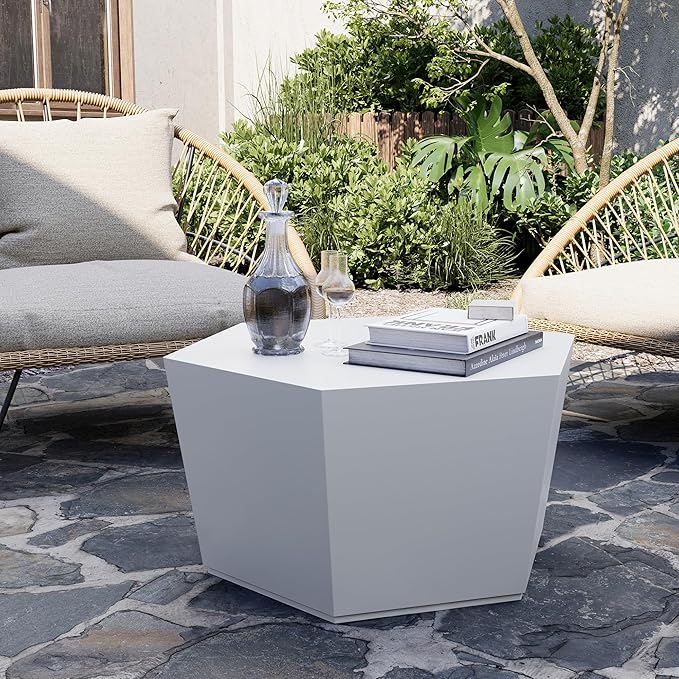 UPHA Outdoor Hexagon Coffee Table, Small Modern Minimalist Accent Tables, Low Light Concrete Center Table for Living Room, Outside Patio, Deck, 28×24.2×15.4, Pure White