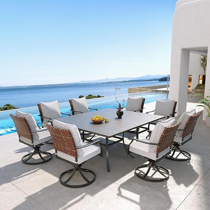 Grand patio 10-Piece Outdoor Dining Set, 8 Leather-Look Wicker Swivel Patio Chairs & 2 Rectangular Dining Table, Black