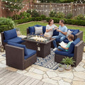 NICESOUL 7 Piece Large Size Patio Sectional Furniture Set with Firepit Propane/Natural Gas, 29.3'' High Back Outdoor Sofa Conversation Couch, Tall Wide Deep Sitting, Brown Rattan and Navy Cushion