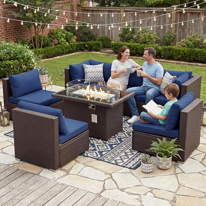 NICESOUL 7 Piece Large Size Patio Sectional Furniture Set with Firepit Propane/Natural Gas, 29.3'' High Back Outdoor Sofa Conversation Couch, Tall Wide Deep Sitting, Brown Rattan and Navy Cushion
