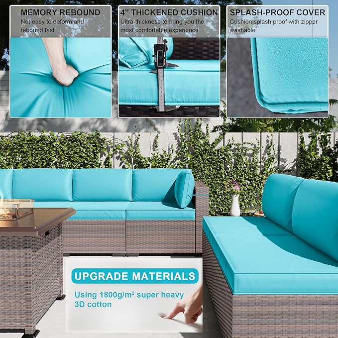 Kullavik 10 Pieces Outdoor Patio Furniture Set with 43" 55000BTU Gas Propane Fire Pit Table PE Wicker Rattan Sectional Sofa Patio Conversation Sets,Blue