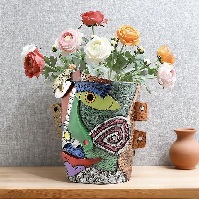 Picasso Abstract Face Flower Pot,Unique Resin Crafted Planter with Drainage Holes,Interesting Colorful Planter with Human face,for Indoor and Outdoor Botanical Home décor (Frown)