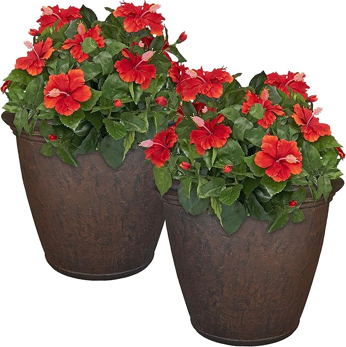 Sunnydaze 24-Inch Anjelica Large Plastic Pot for Plants - Outdoor Double-Walled Large Plastic Planter with Drillable Drainage Holes - Rust - 2pk