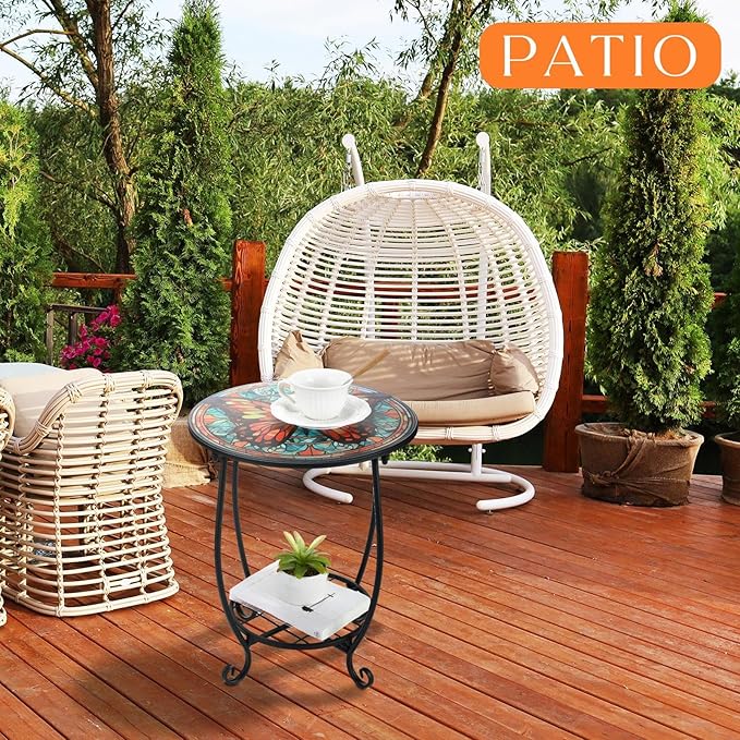 Outdoor Side Table Round Small Mosaic Patio Accent Indoor End Plant Coffee Tea Table for Yard Patio Porch Garden Living Room, Bedroom(Butterfly B Style,14 Inch)