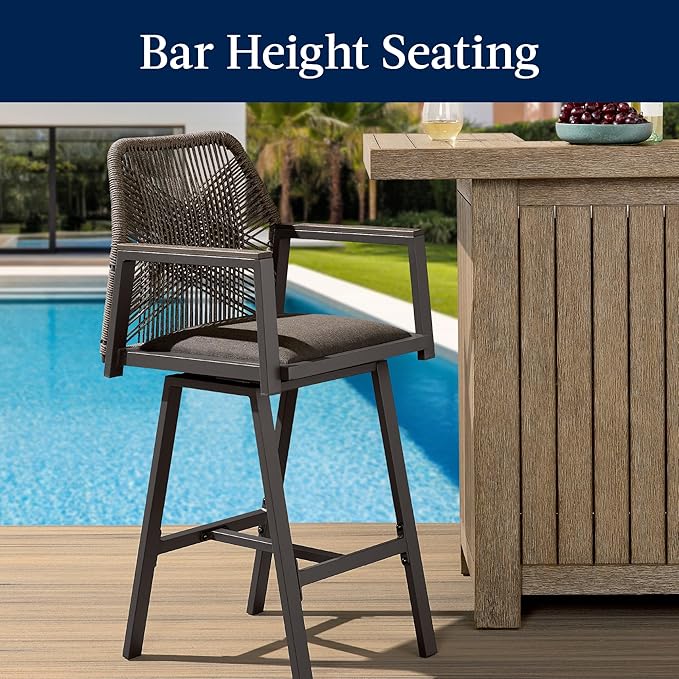 Best Choice Products Outdoor Bar Stools Set of 2, Bar Height, 360° Swivel Aluminum Frame, All-Weather Woven Rope Chair Design w/Armrests - Brown/Mocha