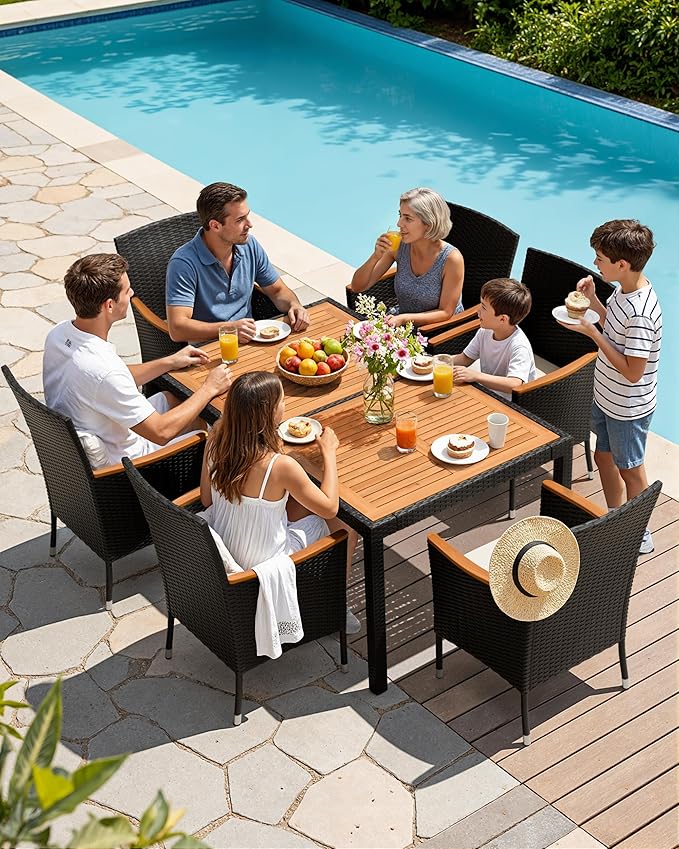 Flamaker 7 Piece Patio Dining Set Outdoor Acacia Wood Table and Chairs with Soft Cushions Wicker Patio Furniture for Deck, Backyard, Garden
