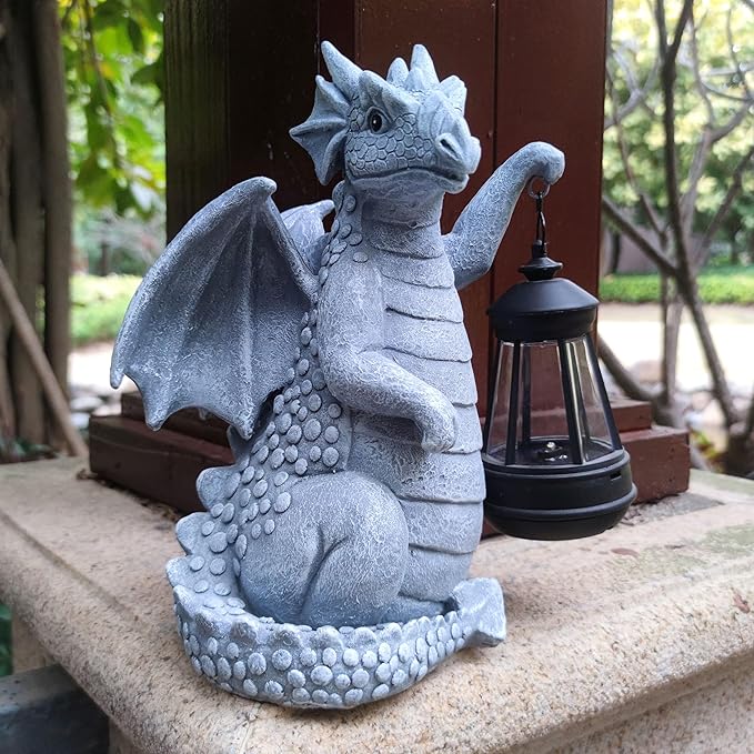 Solar Dragon Garden Statue Decoration with Solar Lantern,Dragon Figurine Lights Outdoor Décor for Yard，Lawn ,Patio, Balcony, Unique Housewarming Ornament