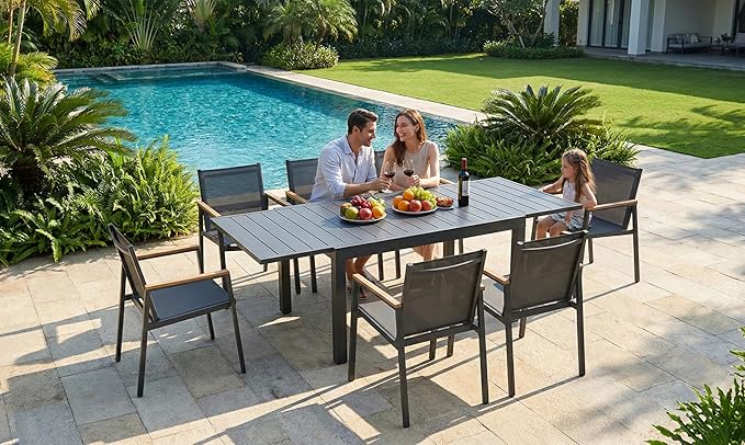 All-Aluminum Expandable Outdoor Patio Dining Table for 4-8 Person, All-Weather Rectangular Outdoor Table(48"-79") with Smooth Cilde Rails & Secure Locking Handle for Garden, Indoor, Gray