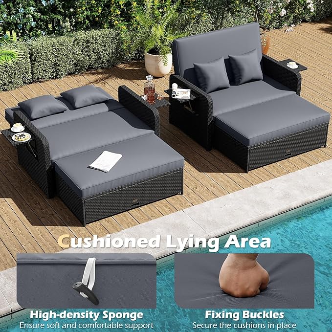 Tangkula Patio Rattan Daybed with 4-Level Adjustable Backrest, Outdoor PE Wicker Loveseat with Storage Ottoman & Folding Side Tray, Double Sunbed Lounger for Balcony, Backyard & Poolside (Grey)