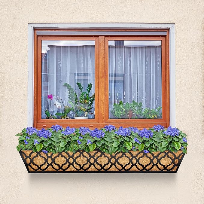 6pcs 30 Inch Window Deck with Coco Liner, 30" Window Boxes Horse Trough with Coconut Coir Liner, Metal Hanging Flower Planter Window Basket Deck Railing Planter Boxes for Outdoor Indoor Lawn