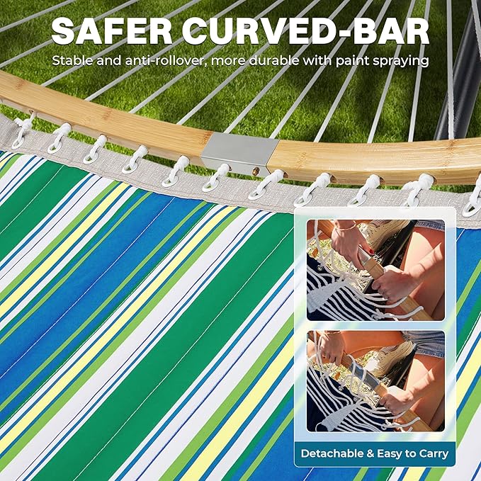SUPERJARE Curved-Bar Hammock with Stand, 2 Person Heavy Duty Hammock Frame, Detachable Pillow & Portable Carrying Bag, Perfect for Outdoor & Indoor, Green Bold Stripe