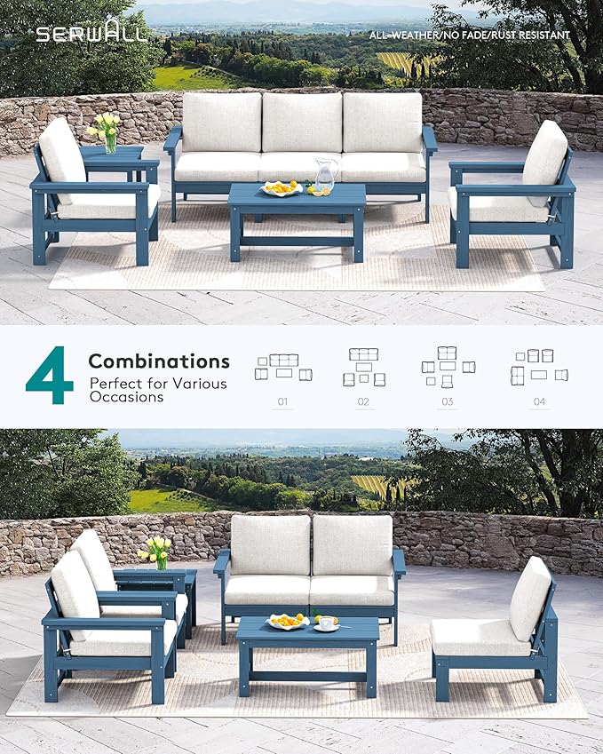 SERWALL HDPE Patio Furniture Set, 7-piece Outdoor Sectional Sofa Set, All Weather Outdoor Couch Set for Deck, Lawn, Blue Frame with Grey Cushion