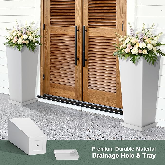 24" Tall White Planters for Outdoor Plants Set of 2, Large Flower Pots Planters with Drainage Holes & Tray, Modern Indoor Tapered Tall Planter for Front Porch