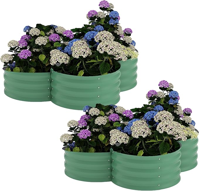 GarveeLife 2-Pack Galvanized Raised Garden Bed – Rust-Resistant Petal-Shaped Outdoor Planter Box with Open Base for Herbs, Veggies & Flowers, Ground-Connected Design for Deep Root Growth,Green