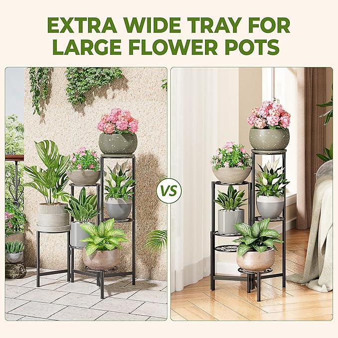 6 Tier Large Plant Stand Indoor with 7.9-Inch Wide Drainage Tray, Tiered Corner Metal Outdoor Flower Display Holder Shelf, Folding Tall Rack for House Patio Porch Balcony Graden - BlackS