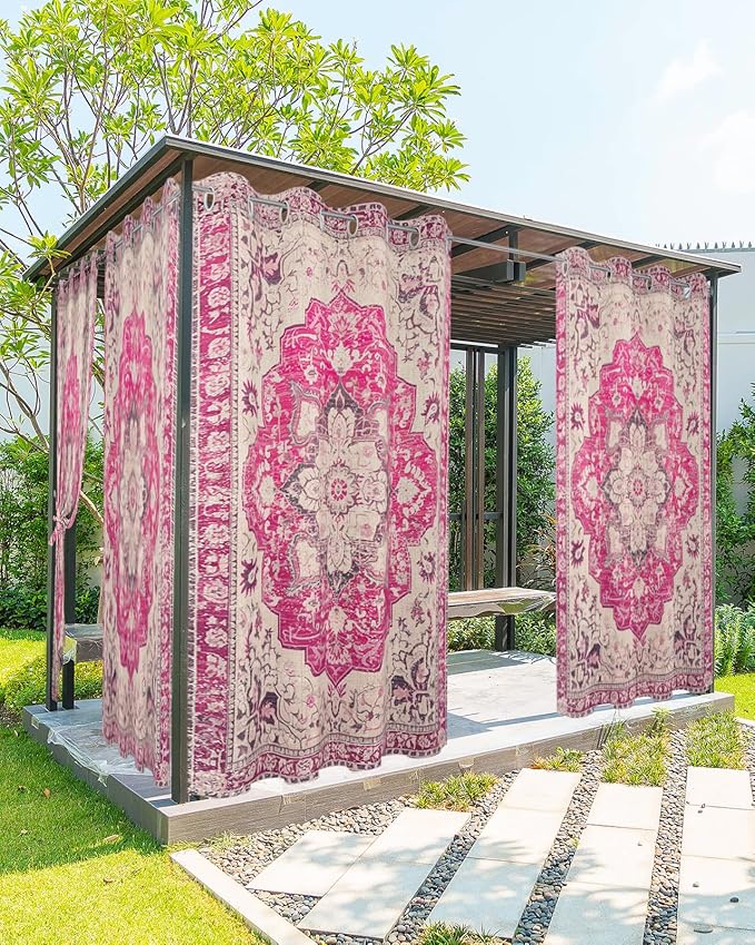Pink Bohemian Outdoor Curtains for Patio Waterproof, Grommet Privacy Curtain Drapes Weatherproof Outside Curtains for Porch GazeboPergola Cabana 2 Panel 54x84inch Medallion Floral Geometric Printed