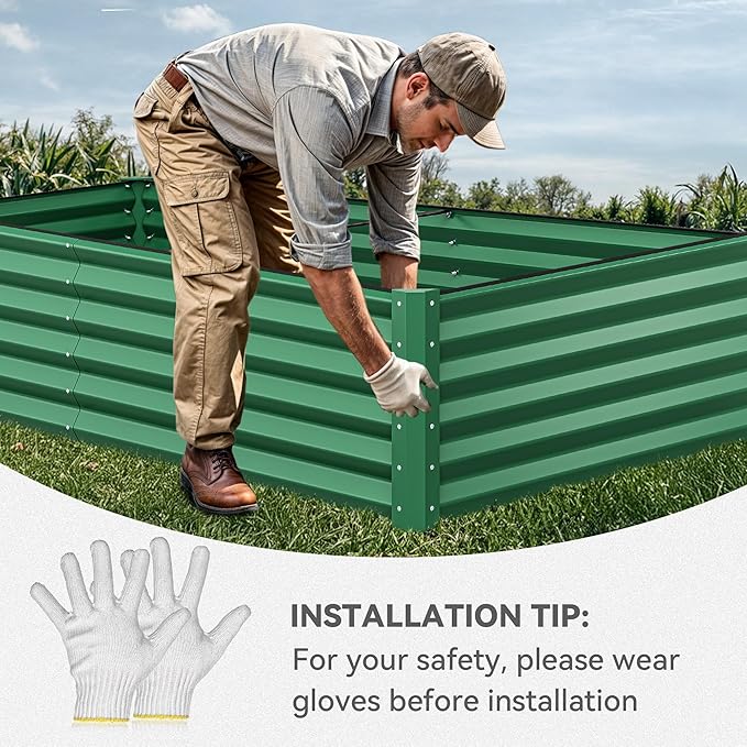 YITAHOME 2pcs 8x4x1.5 in Galvanized Raised Garden Bed Kit, Large Metal Planter Box with Gloves, Safety Rubber & Support Rod, Outdoor Flower Bed for Plants Vegetables, Green