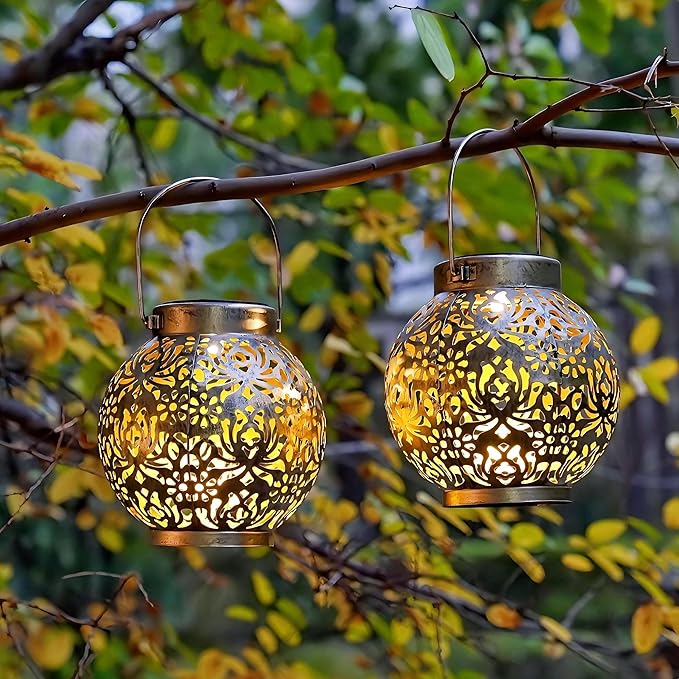 2 Pack Outdoor Solar Hanging Lantern Lights Metal LED Decorative Lamp for Garden Patio Courtyard Lawn and Table with Hollowed-Out Design (Antique Bronze)