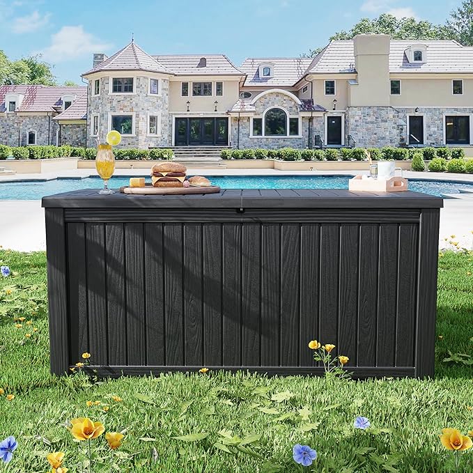 ROJIK Outdoor Storage Housing Deck Box - Waterproof Patio Furniture, Garden Tools, Cushions, Pool Accessories Storage Bench with Lockable Lid and Side Handles (Black, 200 Gal)