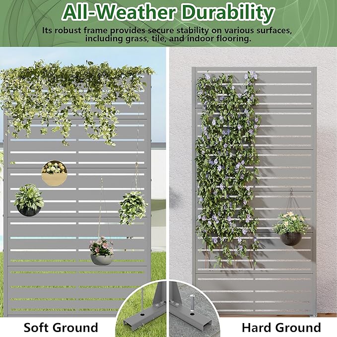 Casaphoria Metal Privacy Screen Outdoor, 72" H x 35" W Freestanding Decorative Privacy Screen for Patio Deck Balcony Garden with Stable Base, Grey-Benjamin
