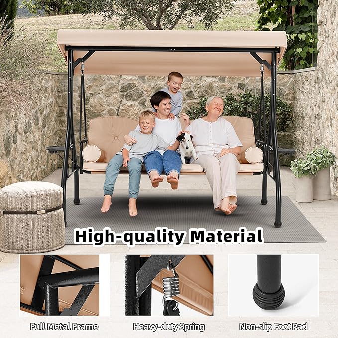 HOMREST 3 Seat Outdoor Porch Swing with Adjustable Canopy, Convertible Patio Swing Bed with Stand, Patio Glider Swing with Upgraded Cup Holder, Thicken Cushions ＆ Pillow for Backyard(Khaki)