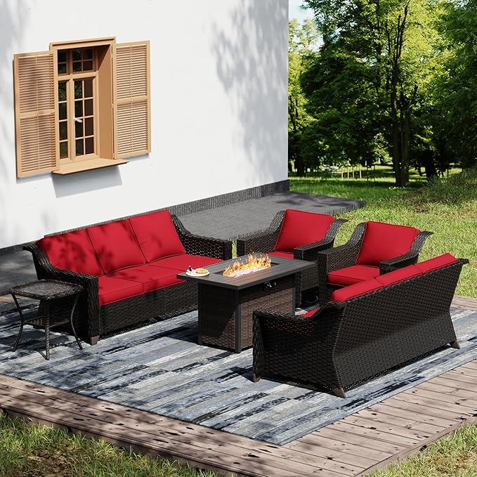Joyside Wicker Patio Furniture Sets, 6 Pieces Upgraded Large Size Outdoor Furniture with Swivel Rocking Patio Chairs, Two 3-Seat Sofa, Fire Table, Coffee Table, Thick Cushions, Wide Armrest, Red