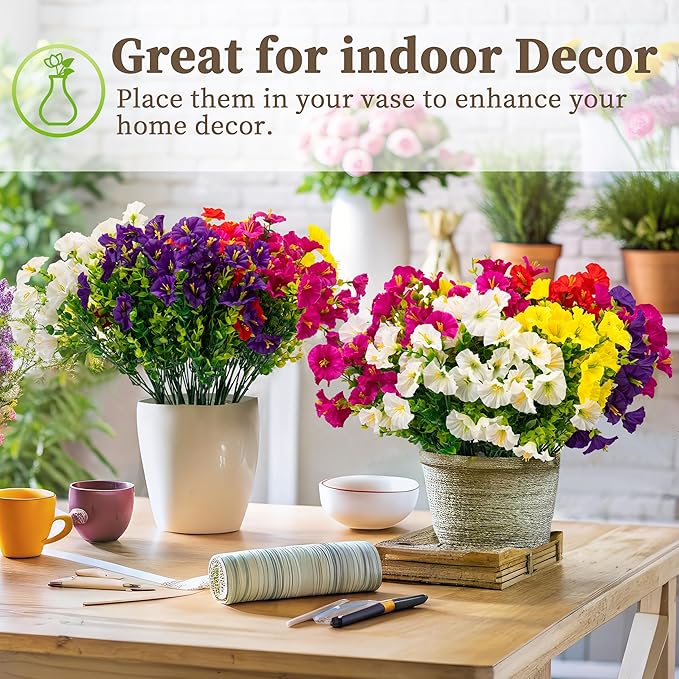 20PCS Artificial Fake Flowers for Outdoors/Indoors, Faux Silk Colorful Morning Glory with Eucalyptus, UV Resistant Realistic Floral Arrangement for Garden Porch Window Box Home Balcony Yard (5 Colors)
