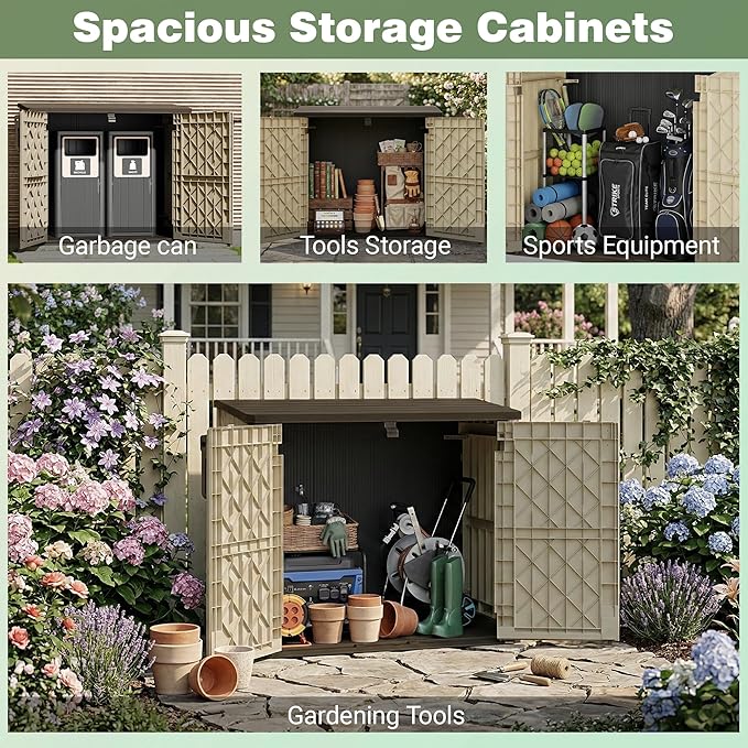 LHBcraft Waterproof Outdoor Storage Box 36 Cu Ft with Lockable Doors, Portable Horizontal Resin Storage Shed, Easy to Assemble, Outdoor Storage Cabinet for Backyards, Brown-Beige