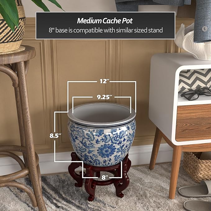 Red Lantern 12" Floral Blue & White Porcelain Fishbowl Planter or Cachepot for Indoor/Outdoor Use in Garden Entryway Living Room Boho Eclectic Modern Contemporary Classic Traditional Style Decor
