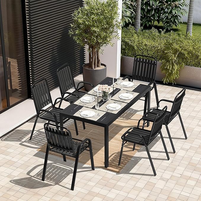 Pamapic Outdoor Dining Sets for 6, Rectangular Steel Slat Table with 6 Plastic Chairs, 7 Piece Patio Table and Chairs Set with Adjustable Umbrella Hole for Garden, Backyard, Poolside (Black)