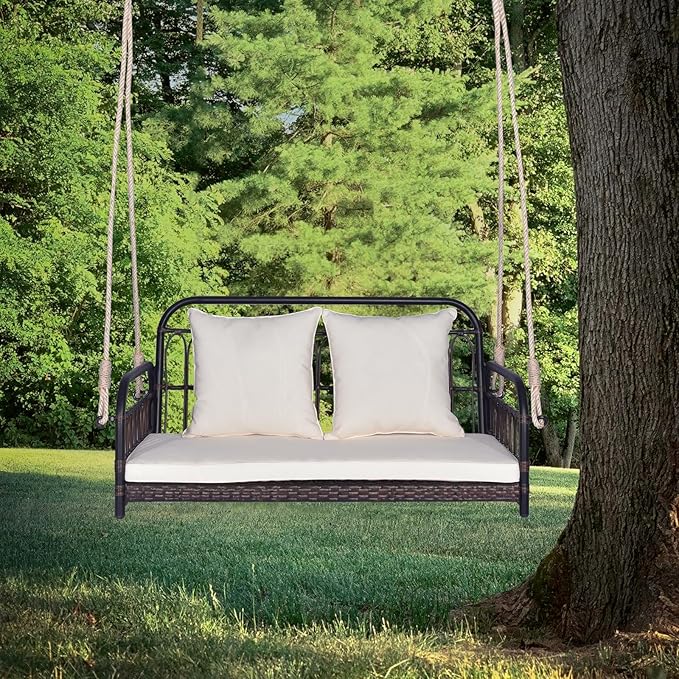 Tangkula Outdoor Wicker Porch Swing, 2-Person Hanging Seat with Seat & Back Cushions, Heavy-Duty Metal Frame & 2 Sturdy Hanging Ropes, Wicker Woven Swing Loveseat for Front Porch, Backyard (Off White)