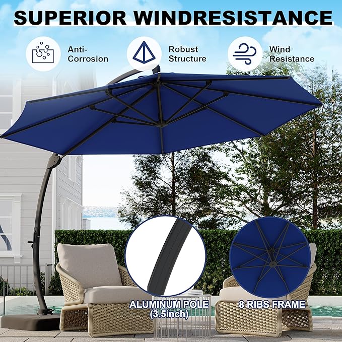 GarveeLife 11FT Cantilever Patio Umbrella With Base Included, Cantilevers Outdoor Umbrella Heavy Duty Offset, Aluminium Curved Cantilever Umbrella