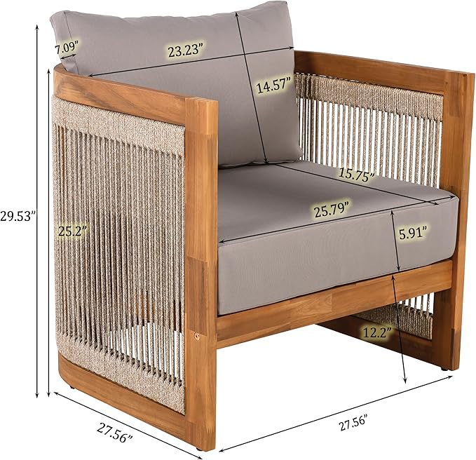 Merax 4-Piece Patio Premium Acacia Wood Outdoor Furniture Set,All Weather Curved Tub Design with Woven Rope Accents Loveseat Chairs and Table for Backyard, Balcony and Deck,Teak+Grey