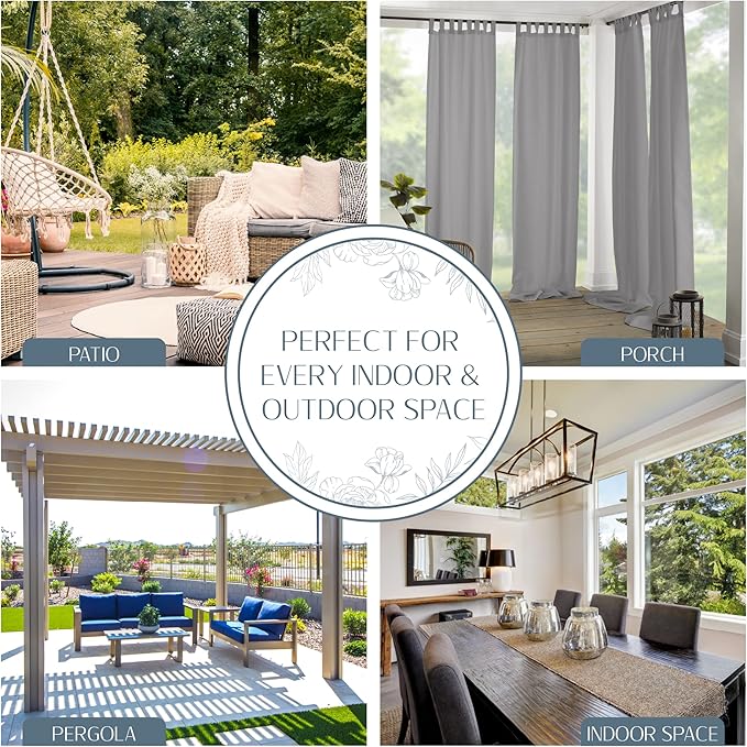 Elrene Home Fashions Matine Weatherproof Tab-Top Indoor/Outdoor Solid Color Curtain Panel for Porch, Pergola, Patio, Deck, 52”W x 108”L, Gray