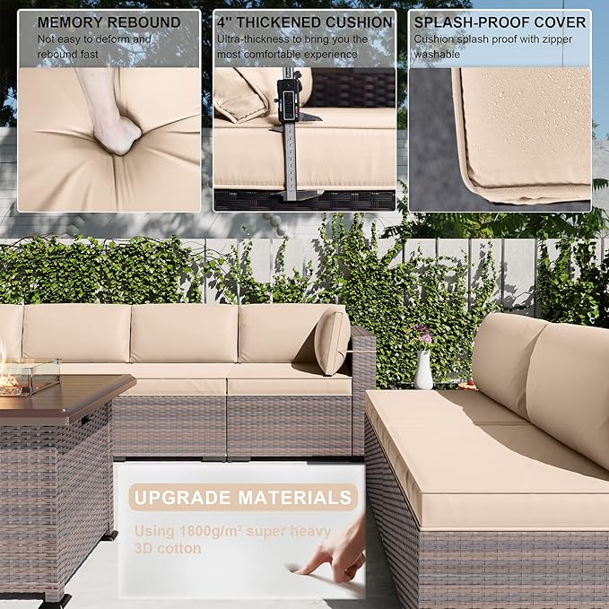 Kullavik 13 Pieces Outdoor Patio Furniture Set,PE Wicker Rattan Sectional Sofa Patio Conversation Sets with 43" 55000BTU Gas Propane Fire Pit Table,Swivel Rocking Chairs Set,Sand