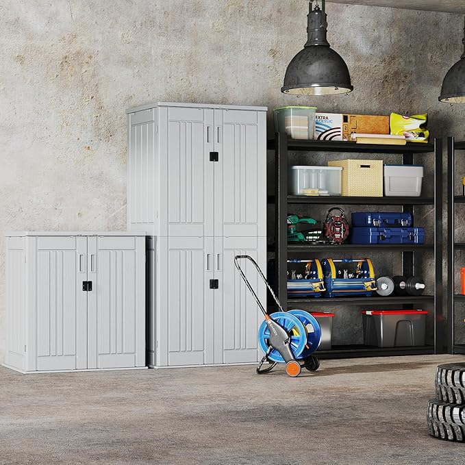 EHHLY Heavy Duty Small Storage Cabinet Outdoor Weatherproof, 14 Cuft Garage Storage Cabinet with 2 Adjustable Shelves, Lockable Kitchen Pantry Closer Organizer, 31Wx23Lx34H, Polar White