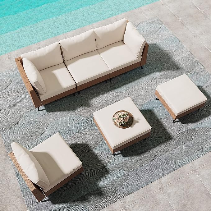 LAUSAINT HOME Outdoor Patio Furniture, 6 Piece Outdoor Sectional Sofa PE Rattan Wicker Patio Conversation Sets, All Weather Patio Furniture Set with Thick Cushions for Garden, Backyard(Beige)