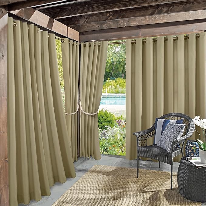 Sun Zero Marina Indoor/Outdoor UV Protectant Energy Efficient Grommet Curtain Panel, 54" x 108", Khaki