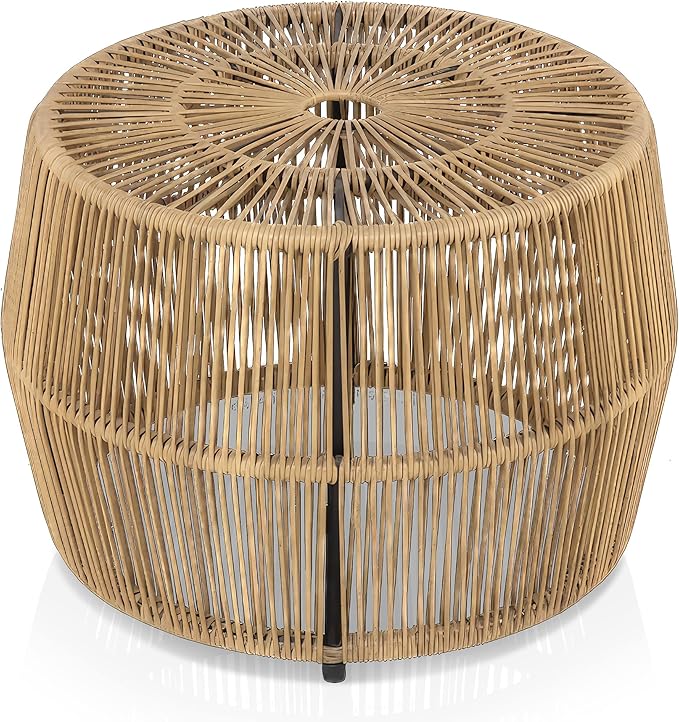 Furniture of America Ysar Boho Rattan Round Coffee Table Outdoor with Metal Frame, All-Weather and Rust Resistant, Handcrafted Coastal Furniture for Patio, Poolside, Garden, Yard, Natural Brown