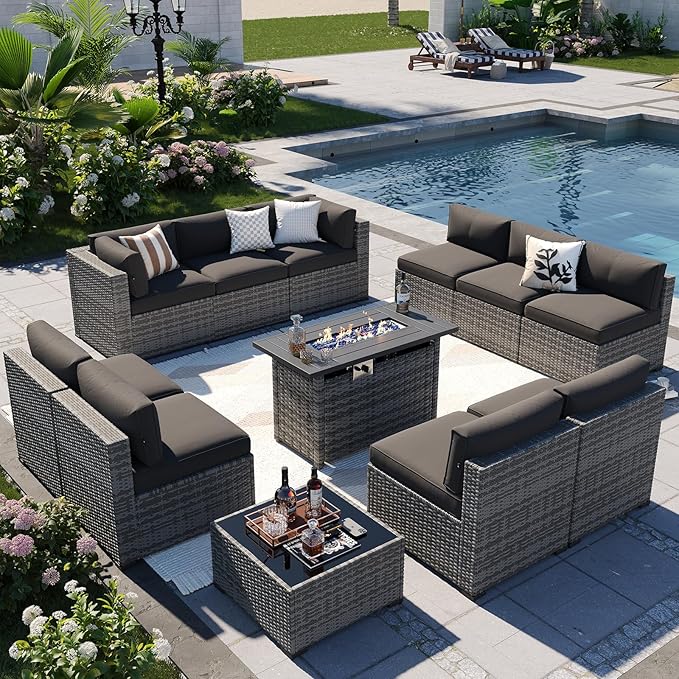Aoxun Patio Furniture Sets, 12-Piece Outdoor Patio Furniture with 44'' Propane Gas Firepit Table, Wicker Outdoor Conversation Set Sectional Sofa for Backyard, Poolside, Garden